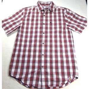 Carhartt Button Up Shirt Mens‎ Size M Plaid Brown White Burgandy Short Sleeve